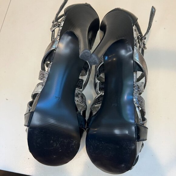 Like New Guess Black/Silver/Metallic Snakeskin Strappy Stiletto Heels, Size 8M - Picture 12 of 13